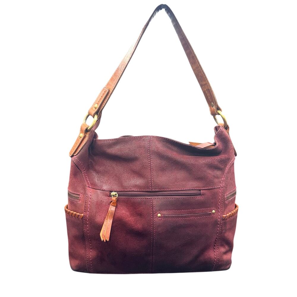 Nino Bossi Burgundy Leather Hobo Bag Whipstitch Boho Shoulder Purse
